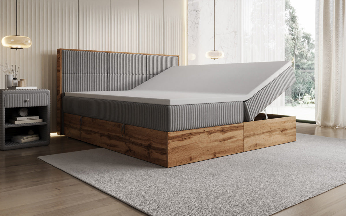 Boxspringbed Timber Panel in Ribstof met opbergruimte