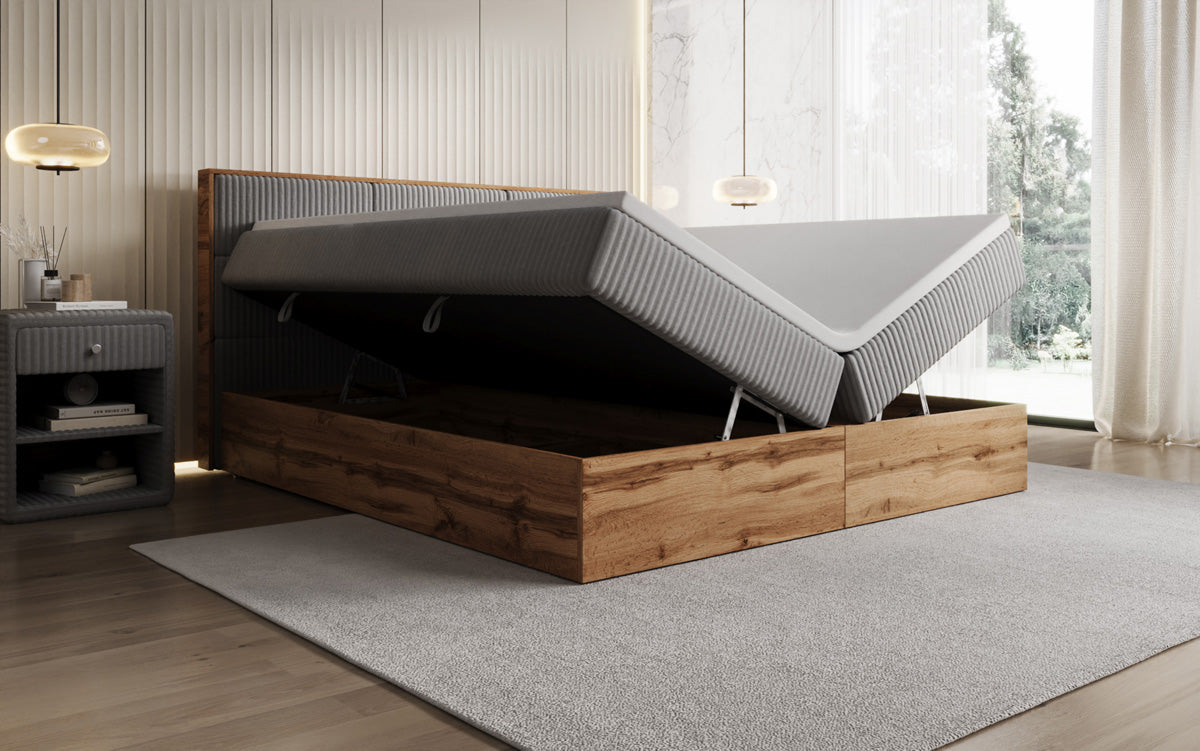 Boxspringbed Timber Panel in Ribstof met opbergruimte
