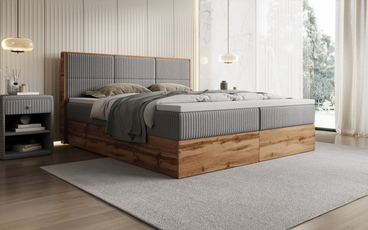 Boxspringbed Timber Panel in Ribstof met opbergruimte