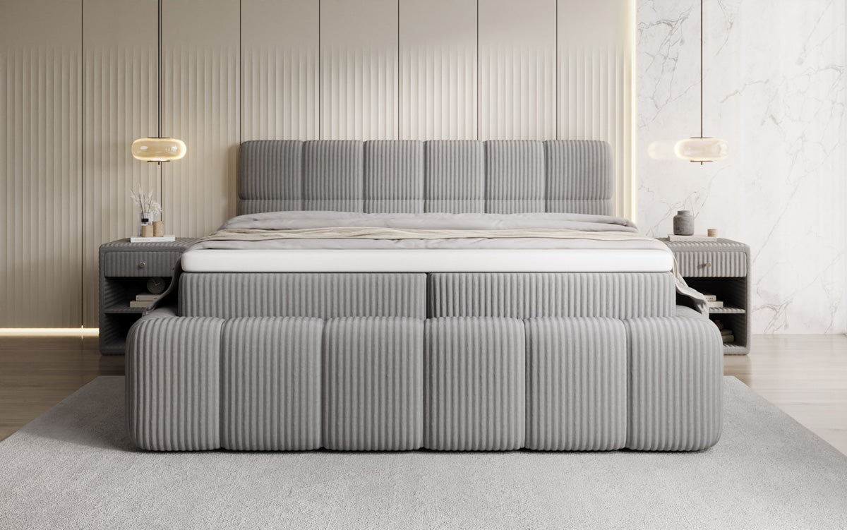 Boxspringbed Bombo in Ribstof met opbergruimte