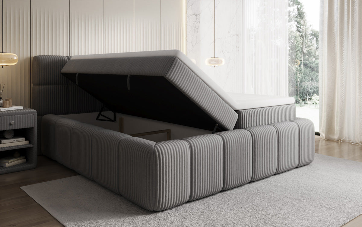 Boxspringbed Bombo in Ribstof met opbergruimte