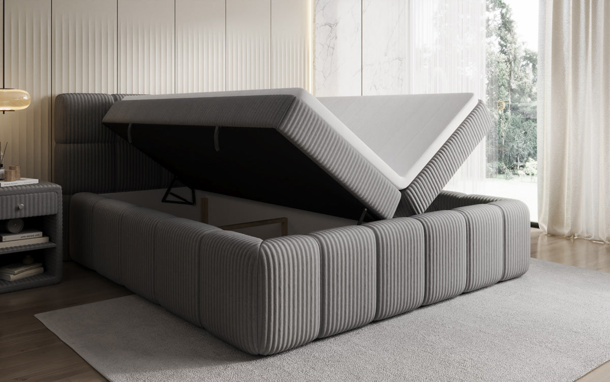 Boxspringbed Bombo in Ribstof met opbergruimte