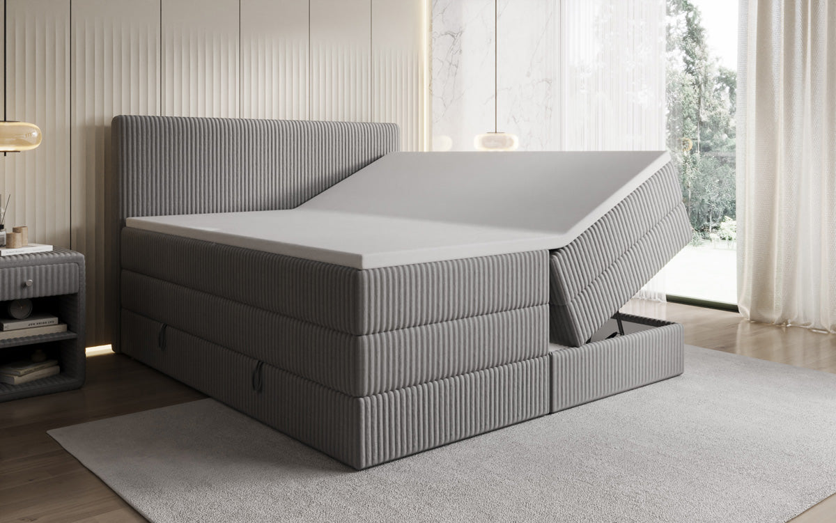 Boxspringbed Kubo King in Ribstof met opbergruimte