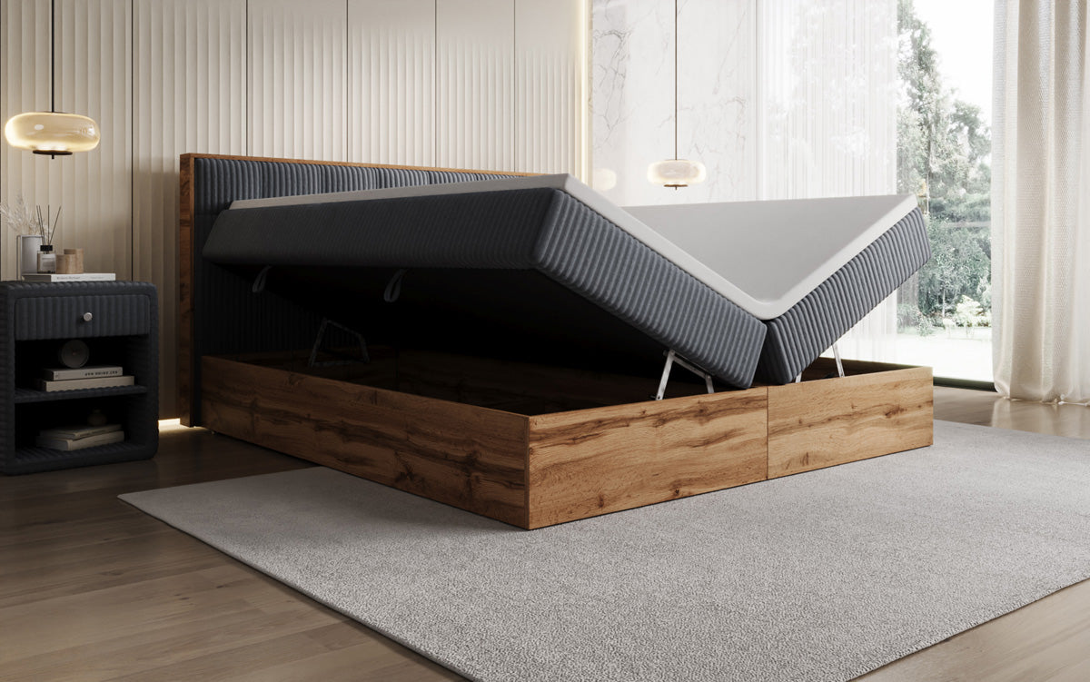 Boxspringbed Timber Quad in Ribstof met opbergruimte