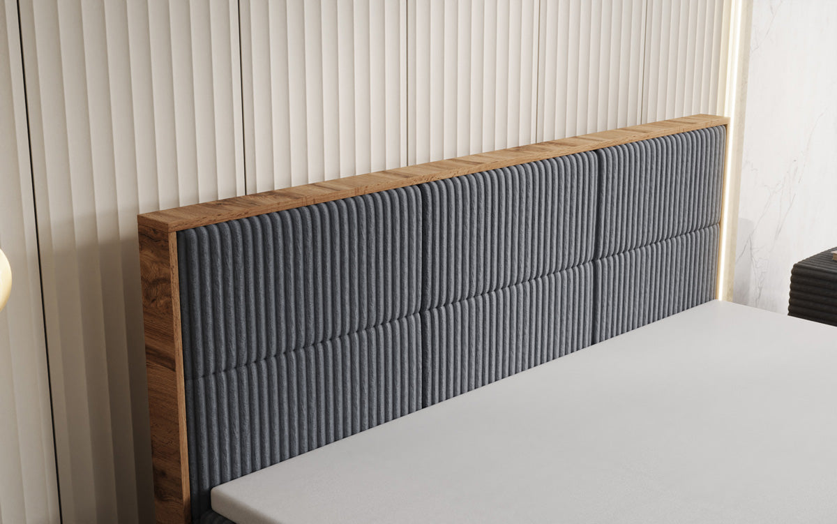 Boxspringbed Timber Panel in Ribstof met opbergruimte