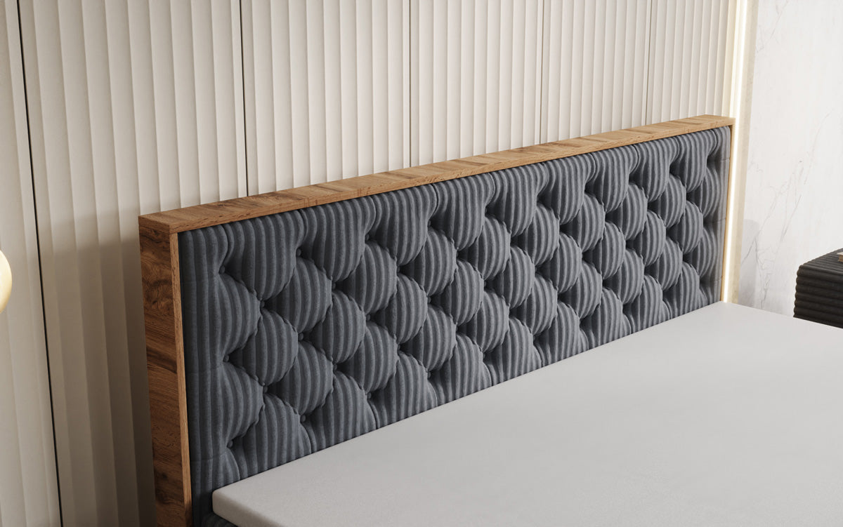 Boxspringbed Timber Chester in Ribstof met opbergruimte