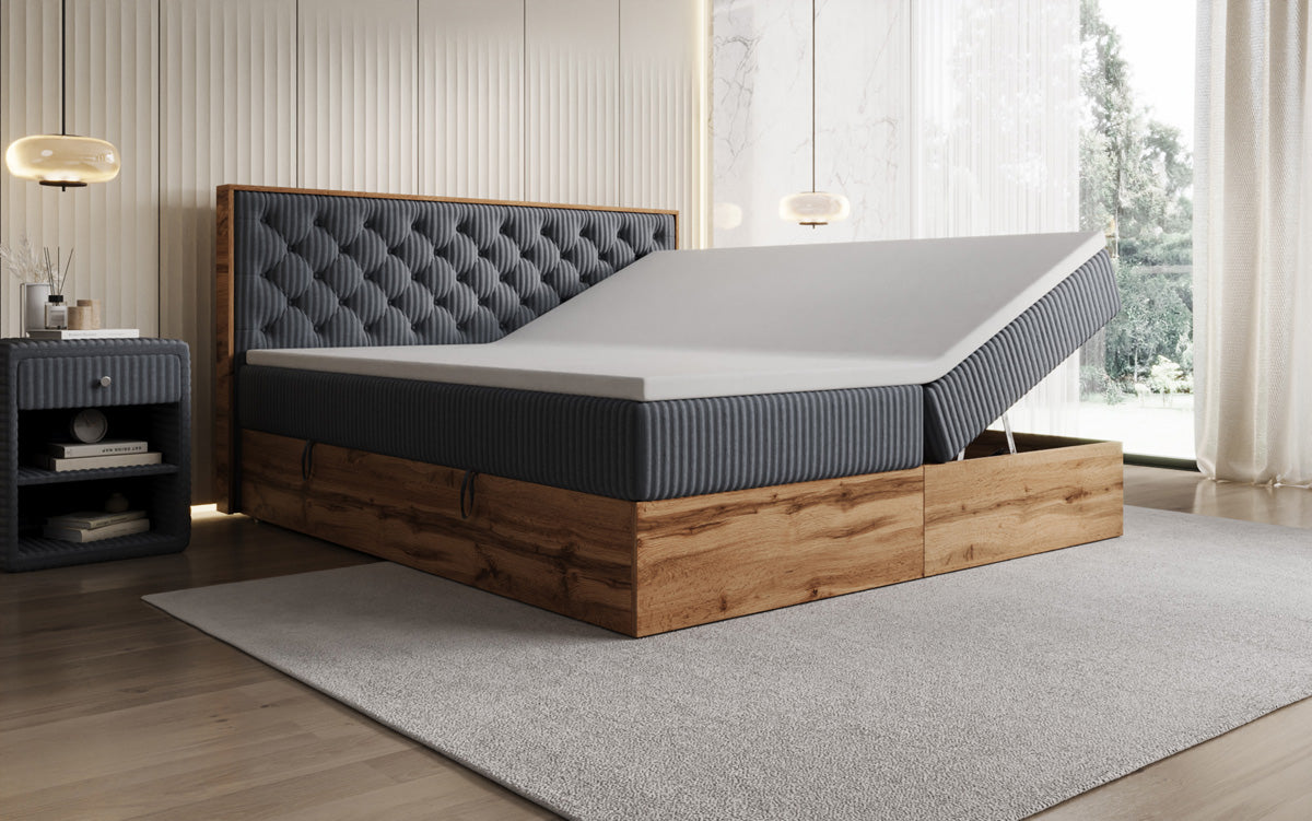 Boxspringbed Timber Chester in Ribstof met opbergruimte