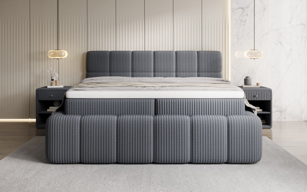 Boxspringbed Bombo in Ribstof met opbergruimte