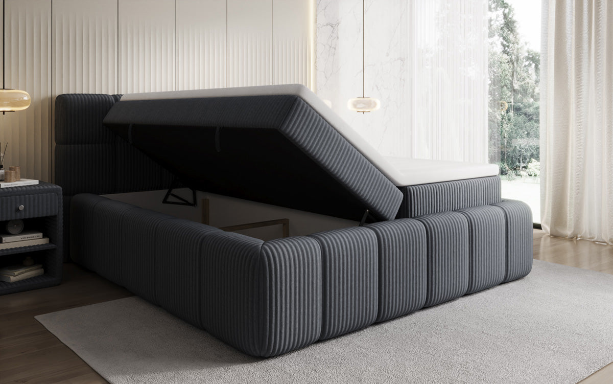 Boxspringbed Bombo in Ribstof met opbergruimte