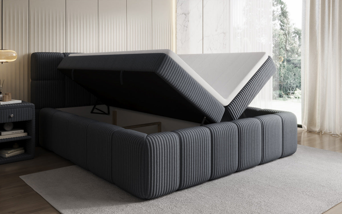 Boxspringbed Bombo in Ribstof met opbergruimte