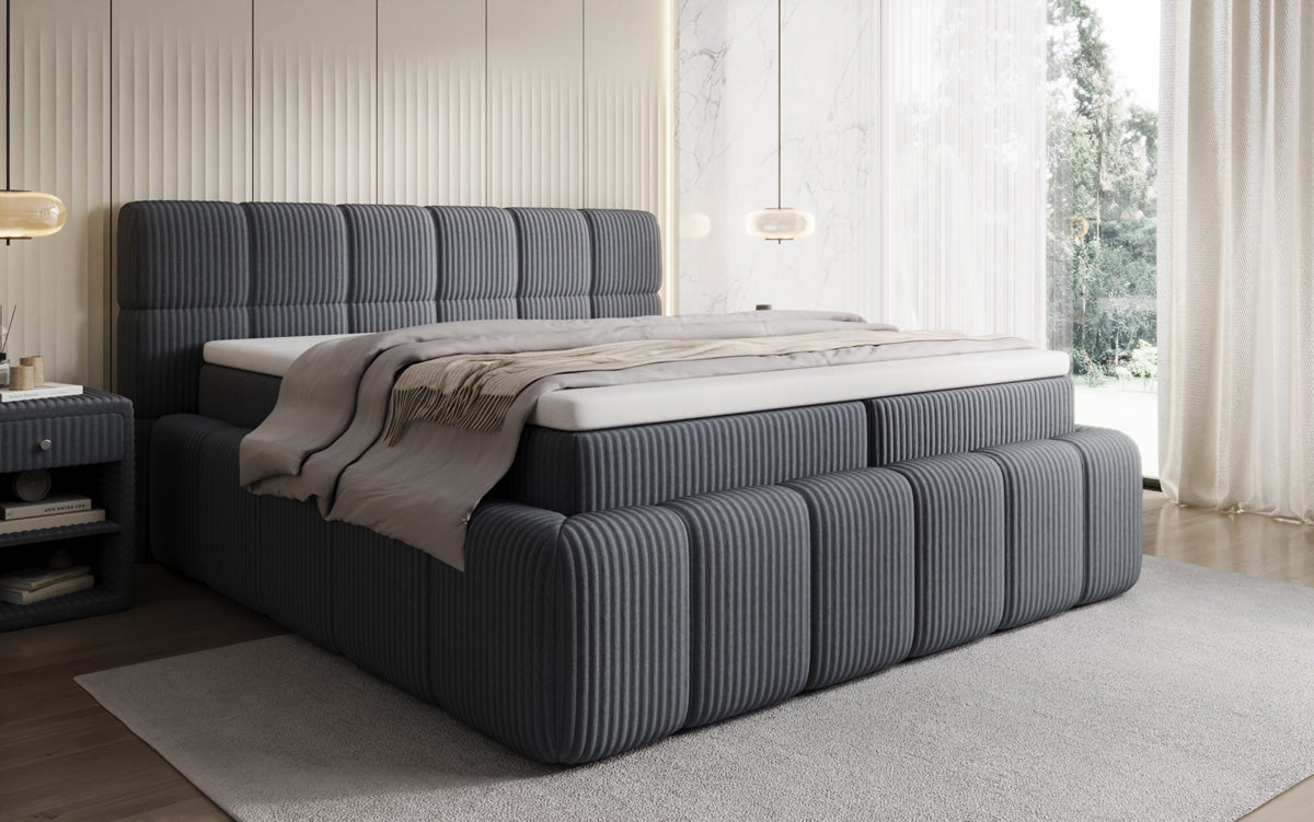 Boxspringbed Bombo in Ribstof met opbergruimte