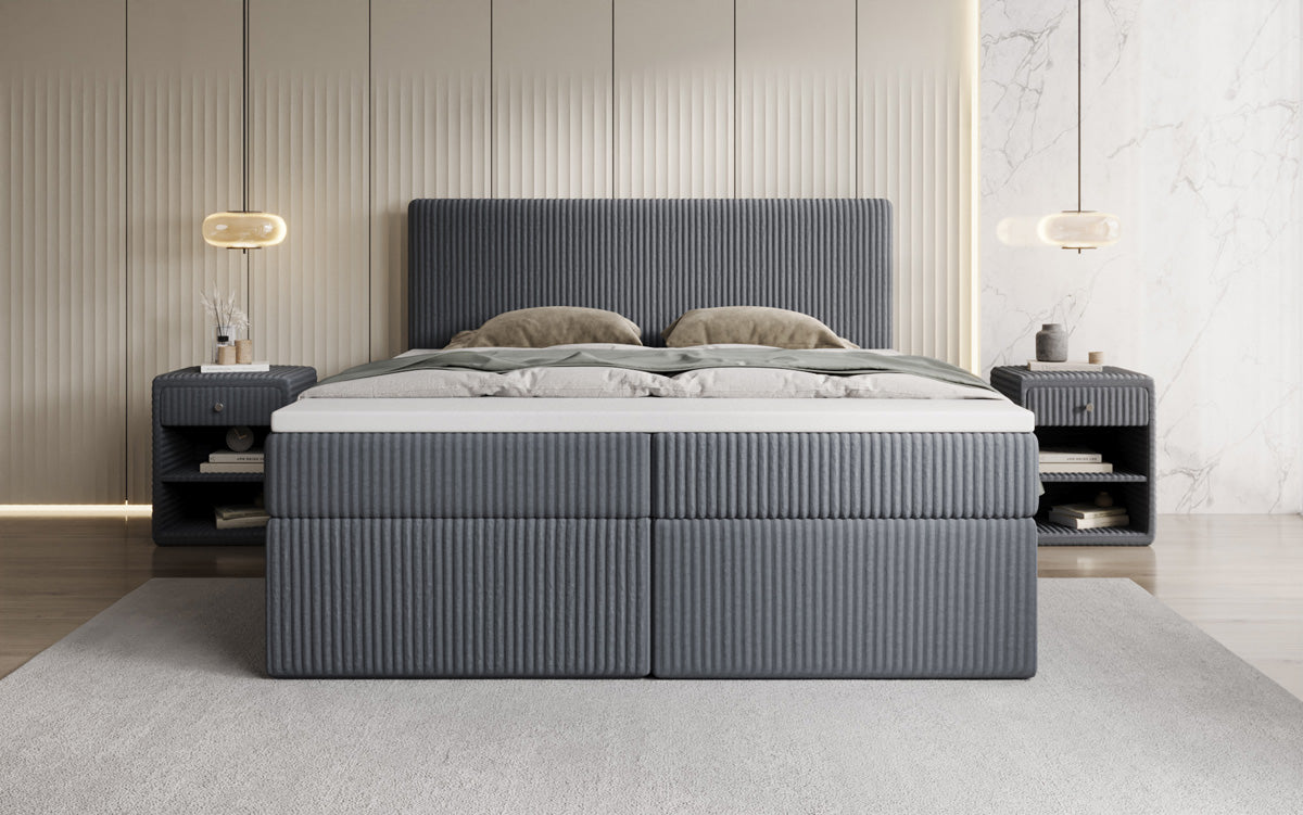 Boxspringbed Kubo in Ribstof met opbergruimte