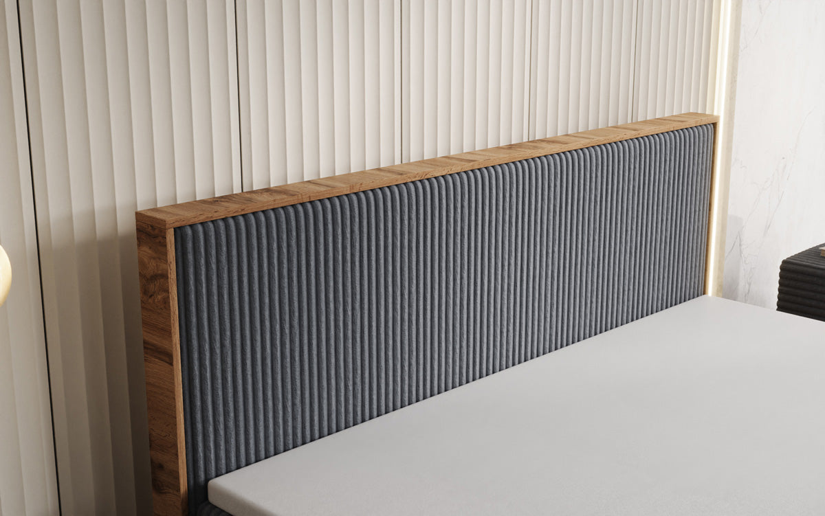 Boxspringbed Timber in Ribstof met opbergruimte
