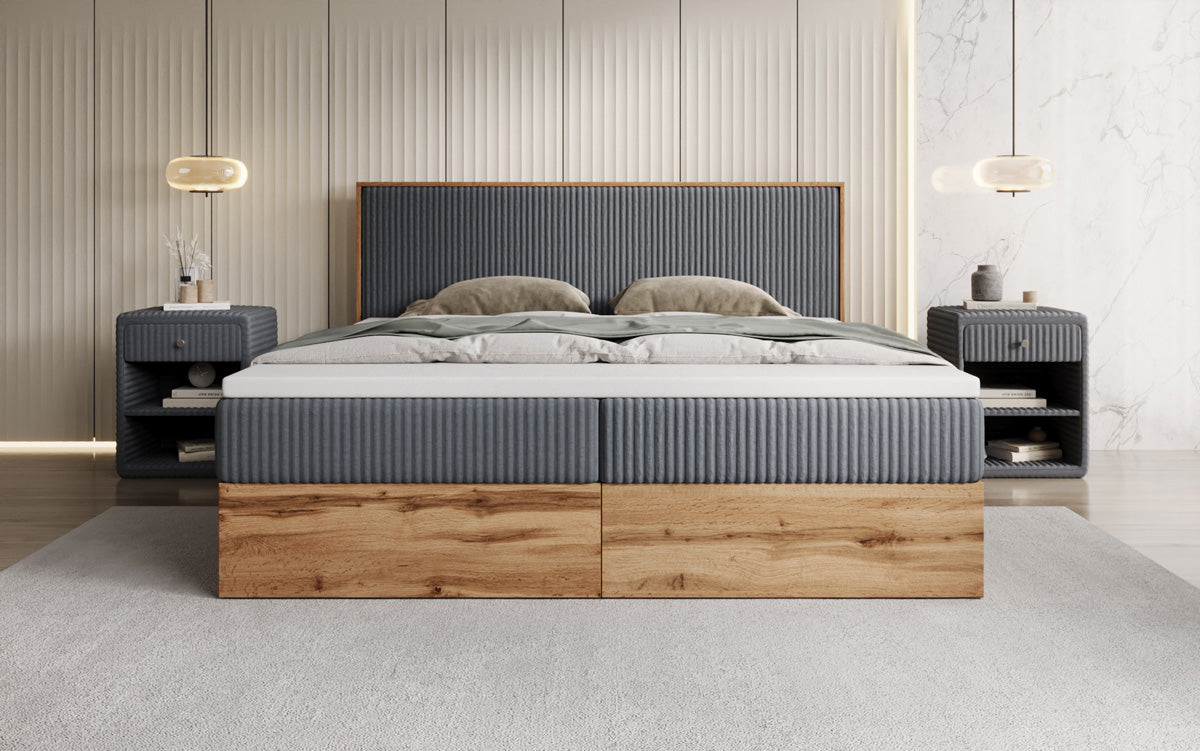 Boxspringbed Timber in Ribstof met opbergruimte
