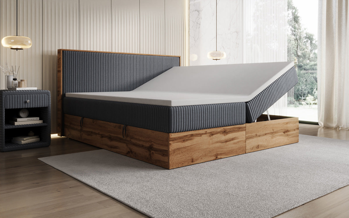 Boxspringbed Timber in Ribstof met opbergruimte
