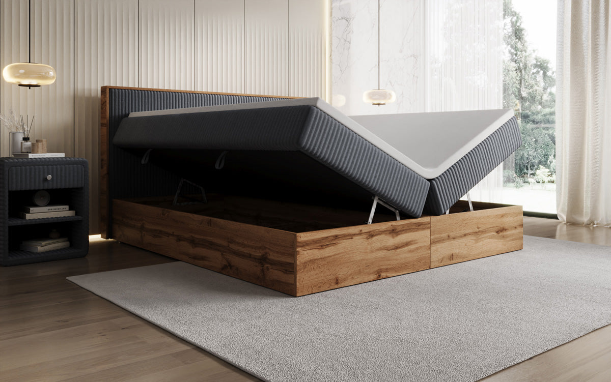 Boxspringbed Timber in Ribstof met opbergruimte