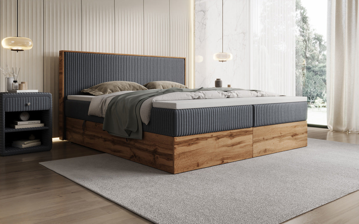 Boxspringbed Timber in Ribstof met opbergruimte