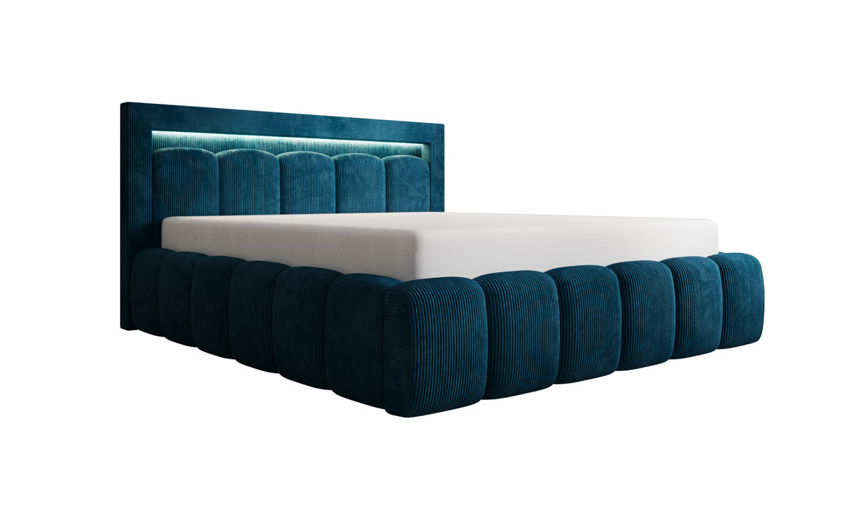 Designer gestoffeerd bed Lume in Ribstof met opbergruimte en RGB-verlichting