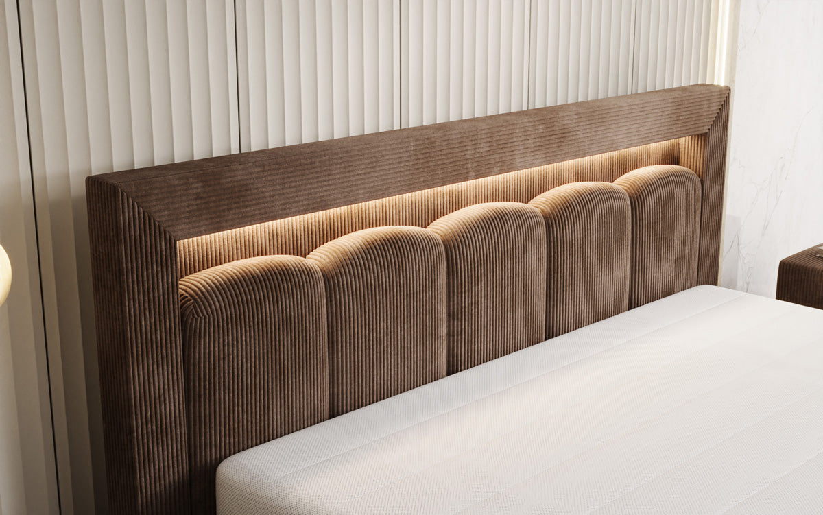 Designer gestoffeerd bed Lume in Ribstof met opbergruimte en RGB-verlichting