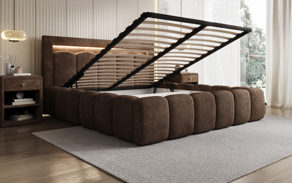 Designer gestoffeerd bed Lume in Ribstof met opbergruimte en RGB-verlichting