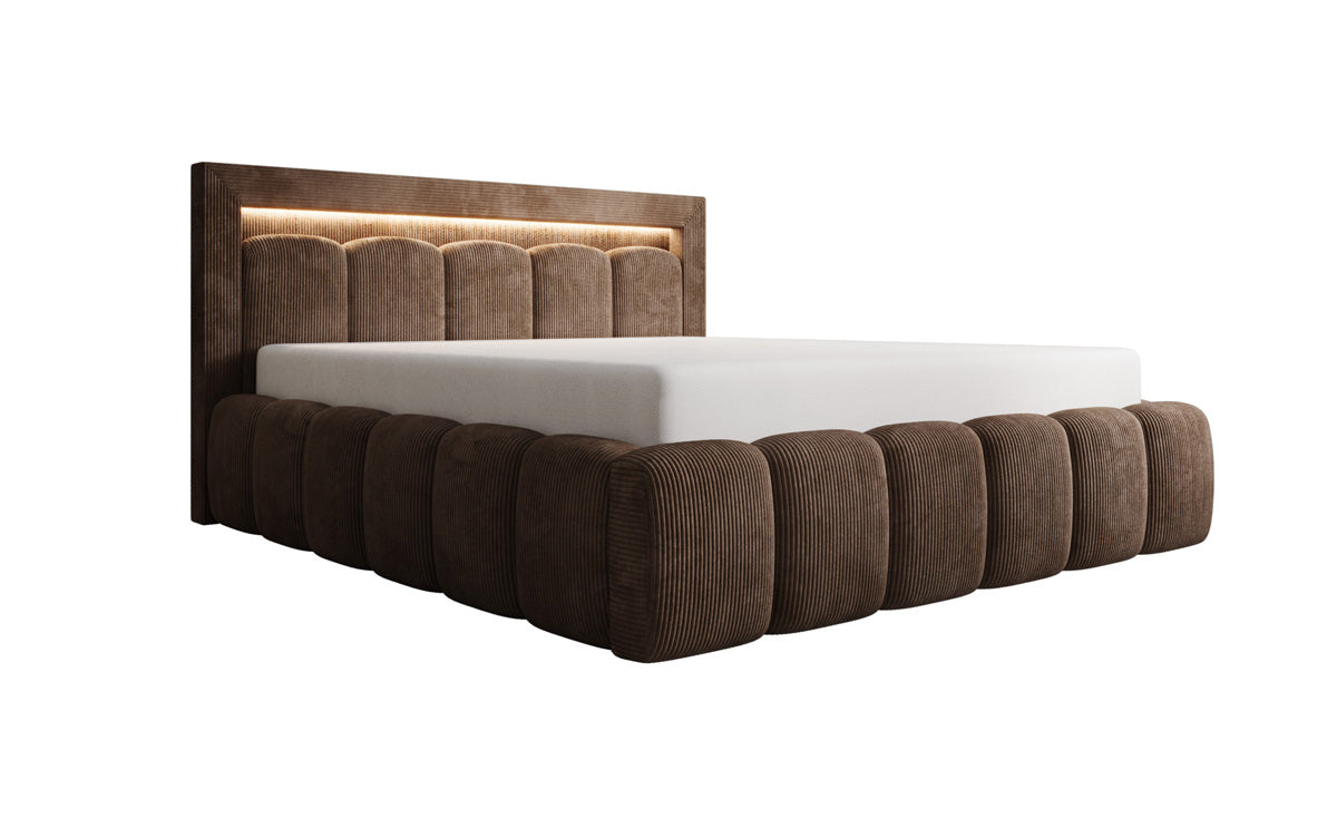 Designer gestoffeerd bed Lume in Ribstof met opbergruimte en RGB-verlichting