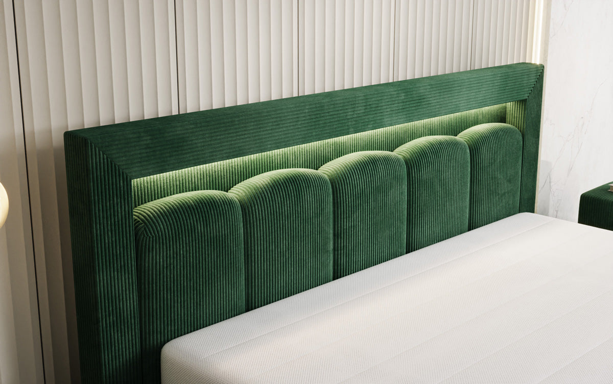Designer gestoffeerd bed Lume in Ribstof met opbergruimte en RGB-verlichting
