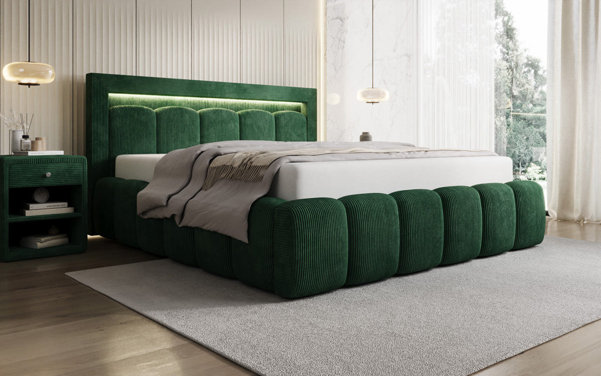 Designer gestoffeerd bed Lume in Ribstof met opbergruimte en RGB-verlichting