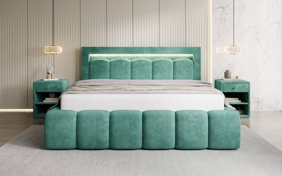 Designer gestoffeerd bed Lume in Ribstof met opbergruimte en RGB-verlichting