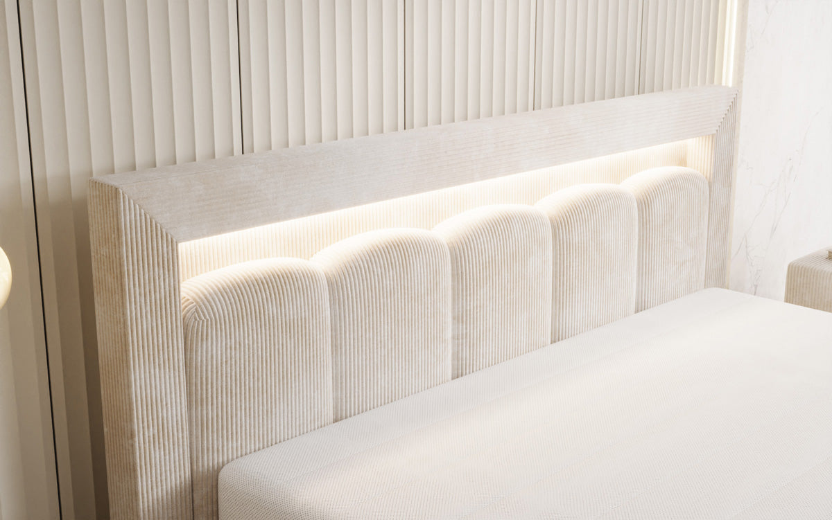 Designer gestoffeerd bed Lume in Ribstof met opbergruimte en RGB-verlichting