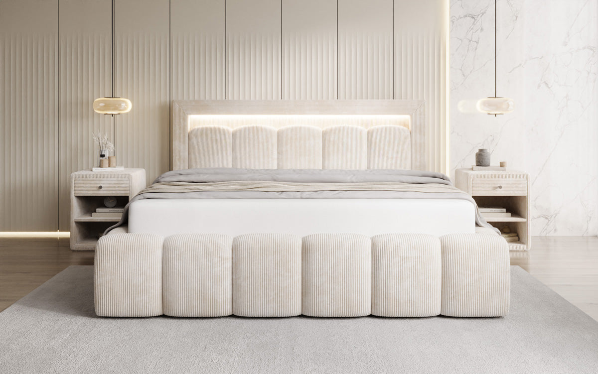 Designer gestoffeerd bed Lume in Ribstof met opbergruimte en RGB-verlichting
