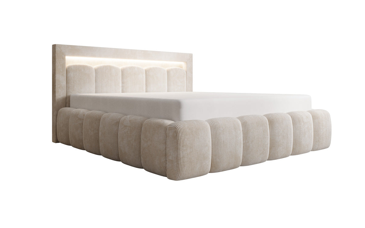 Designer gestoffeerd bed Lume in Ribstof met opbergruimte en RGB-verlichting