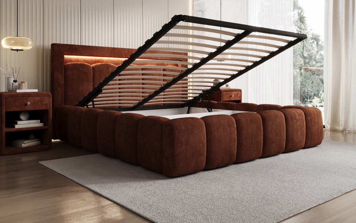 Designer gestoffeerd bed Lume in Ribstof met opbergruimte en RGB-verlichting