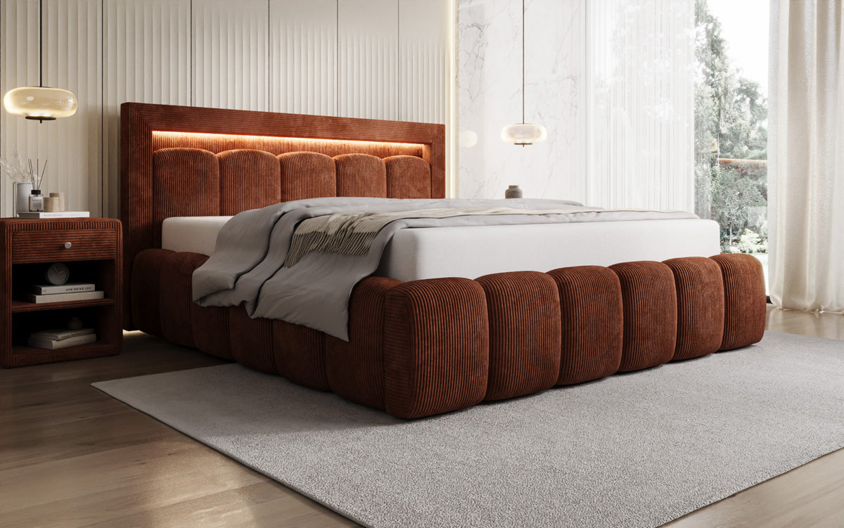 Designer gestoffeerd bed Lume in Ribstof met opbergruimte en RGB-verlichting