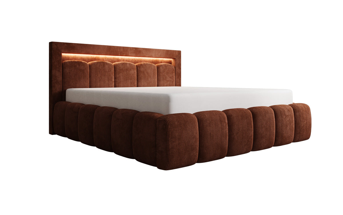 Designer gestoffeerd bed Lume in Ribstof met opbergruimte en RGB-verlichting