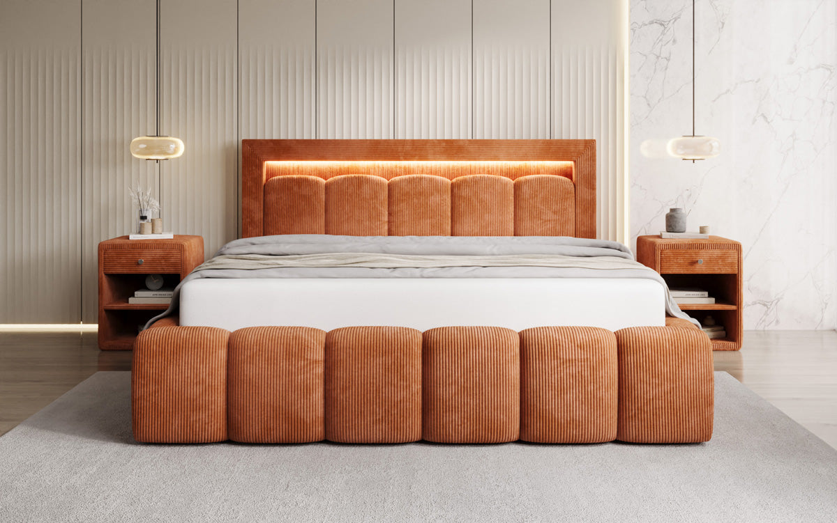 Designer gestoffeerd bed Lume in Ribstof met opbergruimte en RGB-verlichting