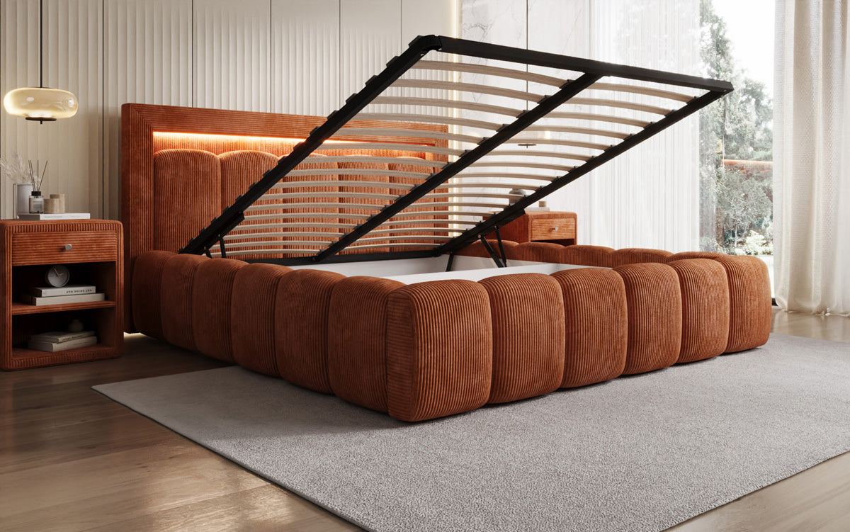 Designer gestoffeerd bed Lume in Ribstof met opbergruimte en RGB-verlichting