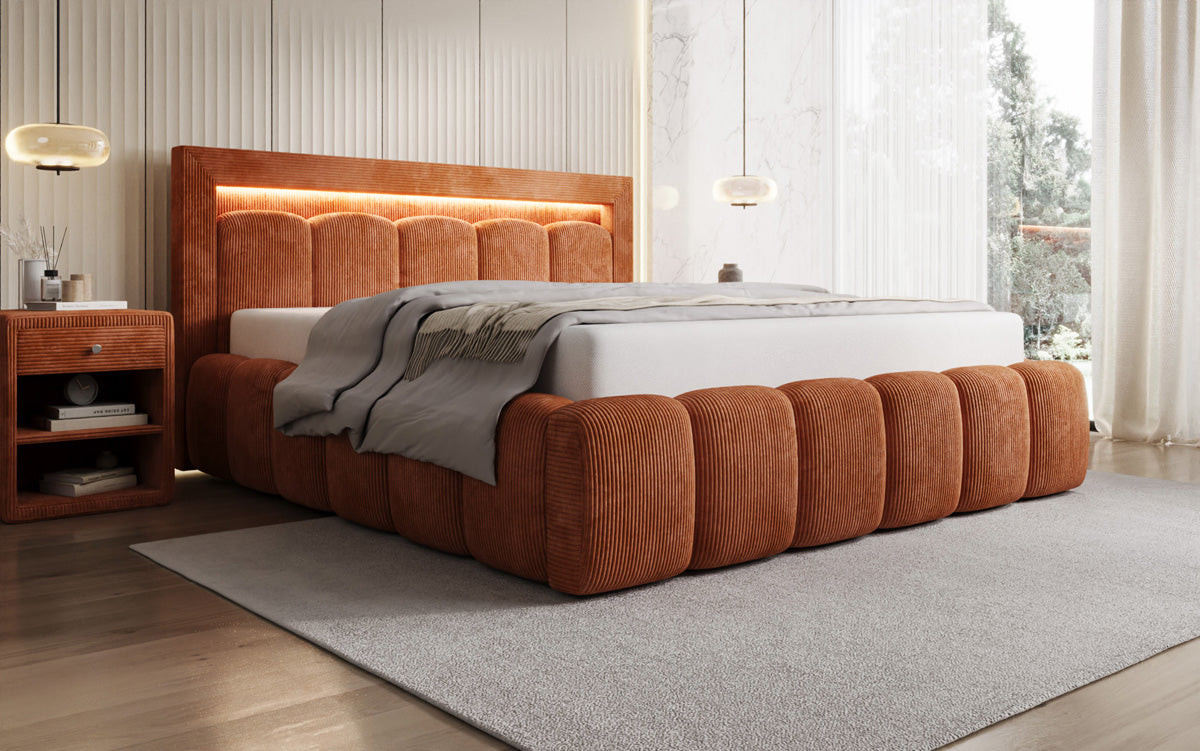 Designer gestoffeerd bed Lume in Ribstof met opbergruimte en RGB-verlichting