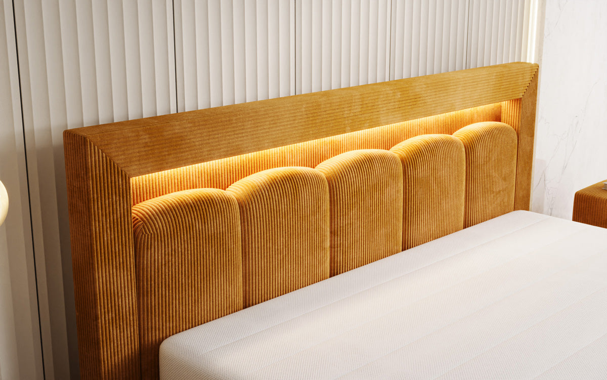 Designer gestoffeerd bed Lume in Ribstof met opbergruimte en RGB-verlichting