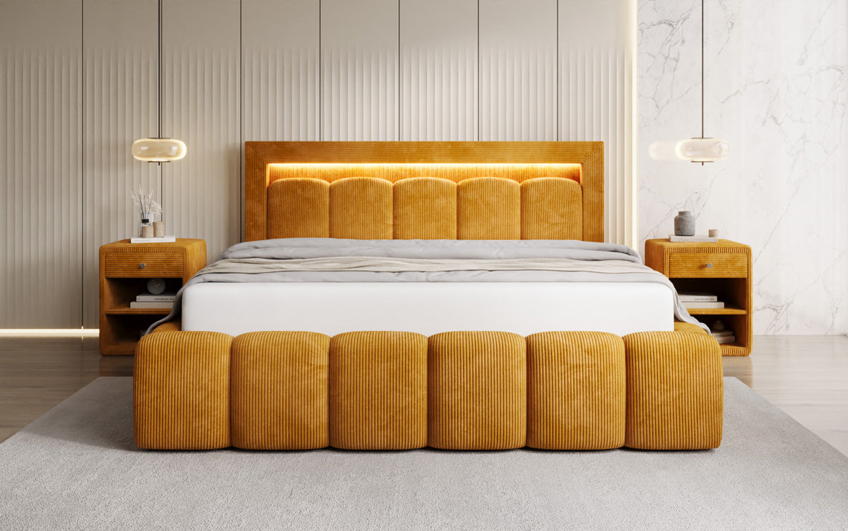 Designer gestoffeerd bed Lume in Ribstof met opbergruimte en RGB-verlichting