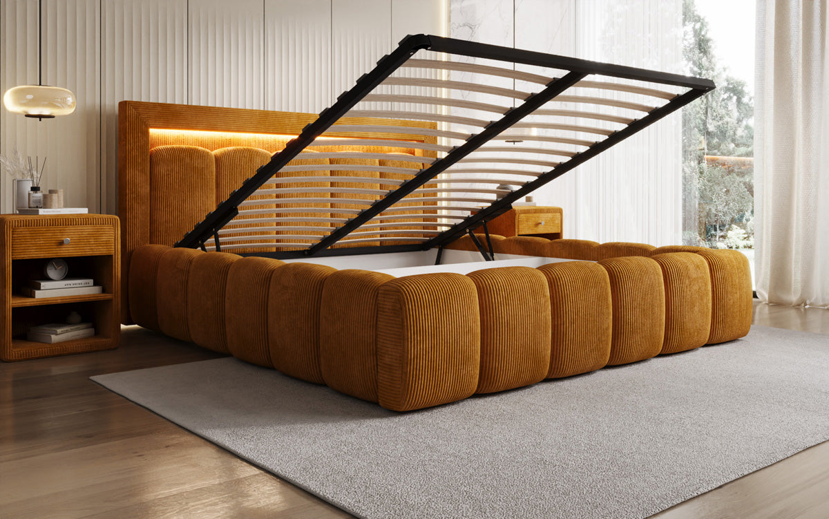 Designer gestoffeerd bed Lume in Ribstof met opbergruimte en RGB-verlichting