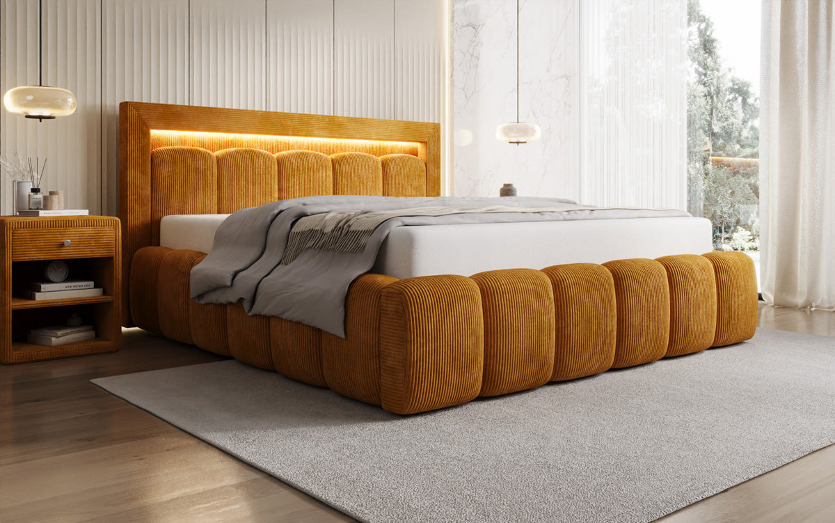 Designer gestoffeerd bed Lume in Ribstof met opbergruimte en RGB-verlichting