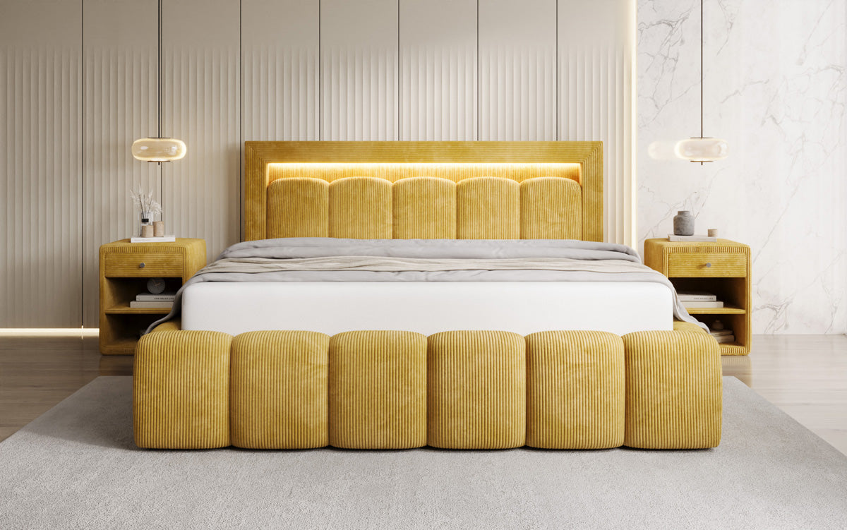 Designer gestoffeerd bed Lume in Ribstof met opbergruimte en RGB-verlichting