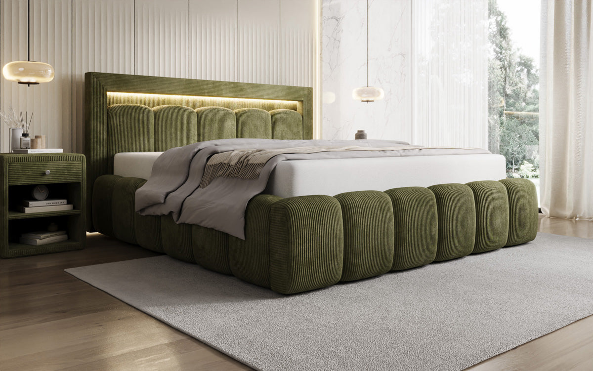 Designer gestoffeerd bed Lume in Ribstof met opbergruimte en RGB-verlichting
