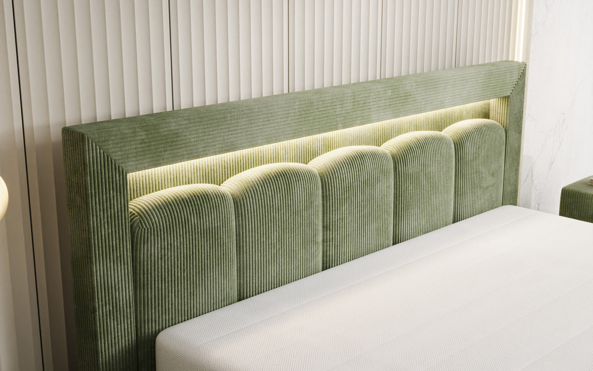 Designer gestoffeerd bed Lume in Ribstof met opbergruimte en RGB-verlichting