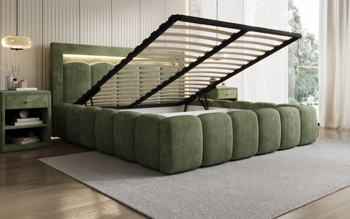 Designer gestoffeerd bed Lume in Ribstof met opbergruimte en RGB-verlichting