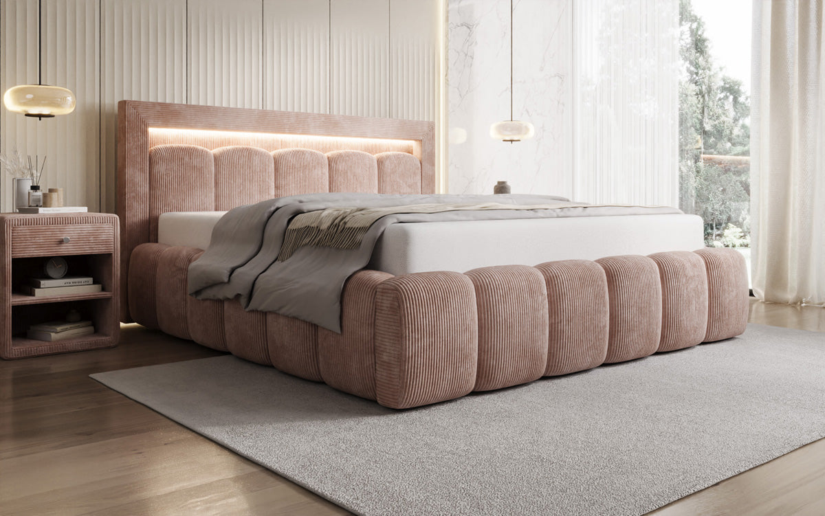 Designer gestoffeerd bed Lume in Ribstof met opbergruimte en RGB-verlichting