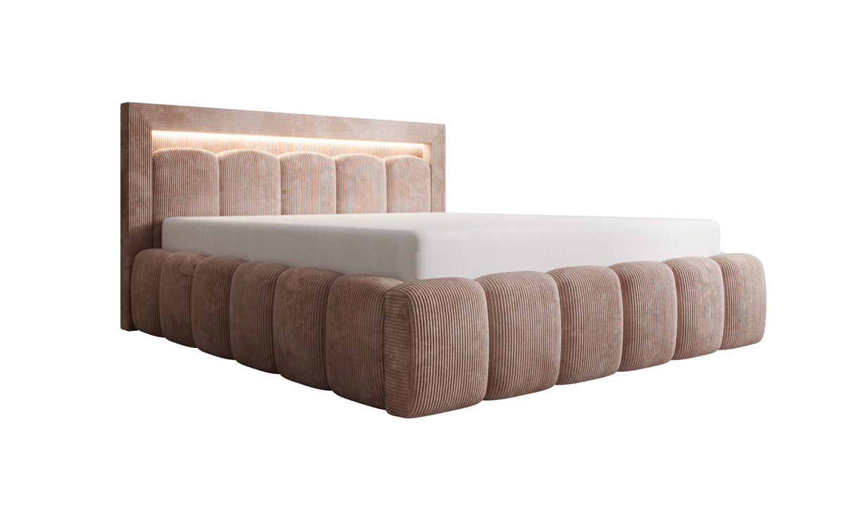 Designer gestoffeerd bed Lume in Ribstof met opbergruimte en RGB-verlichting