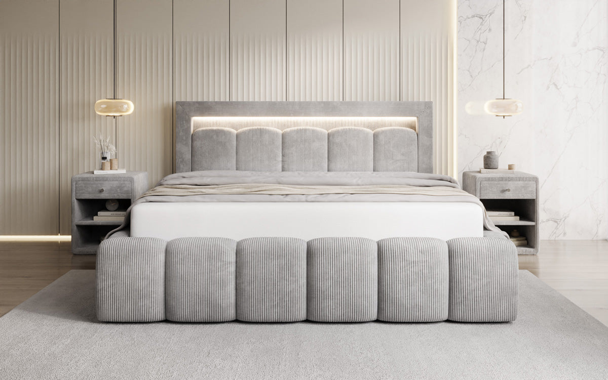 Designer gestoffeerd bed Lume in Ribstof met opbergruimte en RGB-verlichting