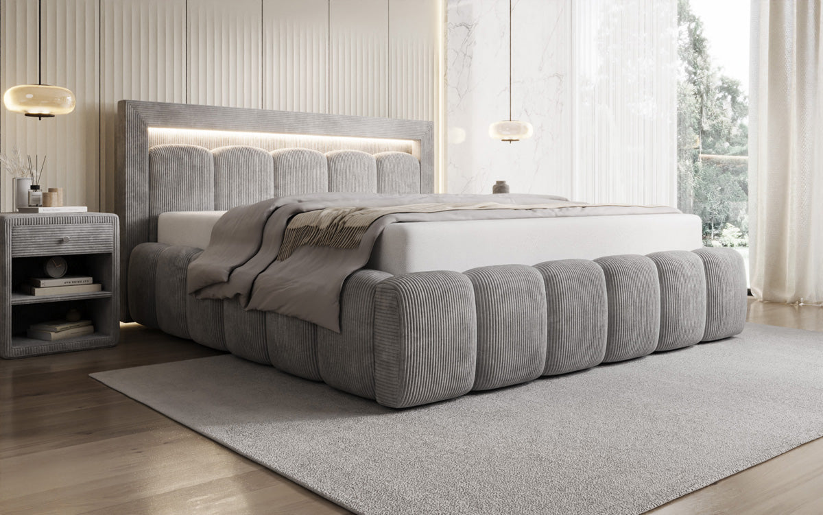 Designer gestoffeerd bed Lume in Ribstof met opbergruimte en RGB-verlichting