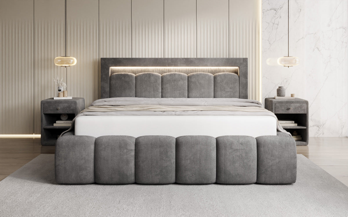 Designer gestoffeerd bed Lume in Ribstof met opbergruimte en RGB-verlichting